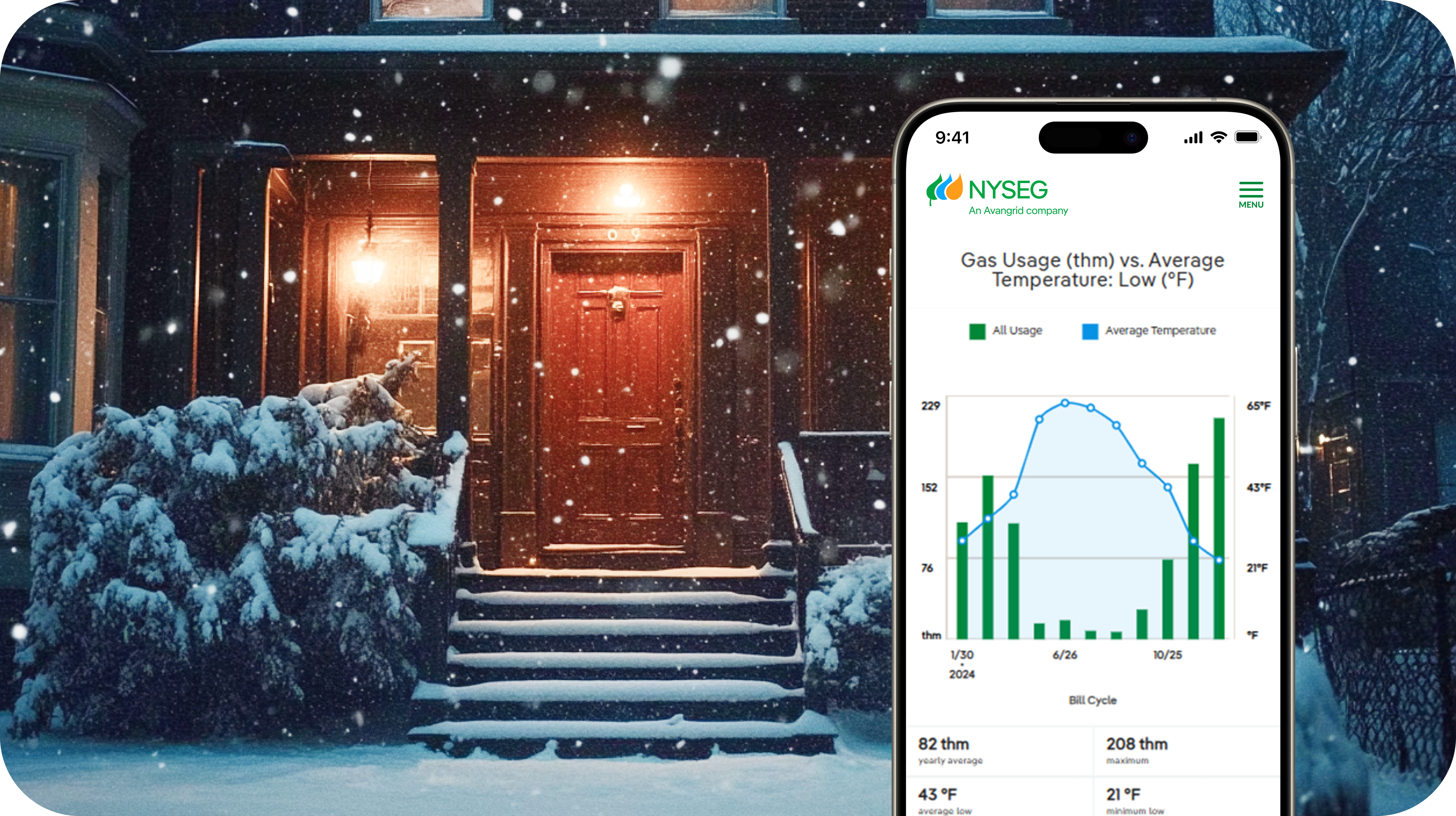 A cell phone showcasing the NYSEG Energy Manager feature over a snowy landscape with a building and bushes.