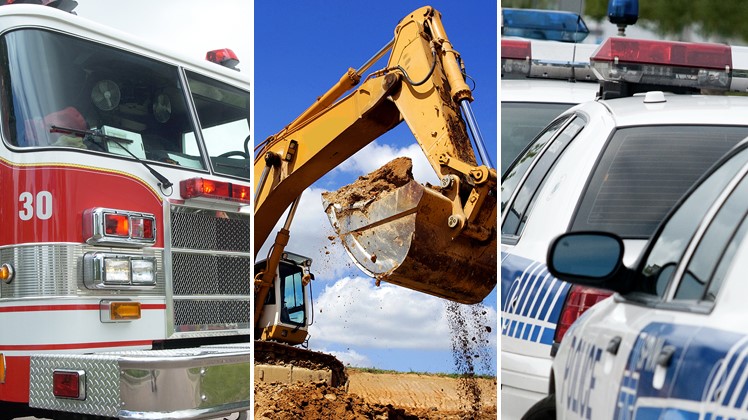 Photos of a fire engine, police cars, and an excavator digging.